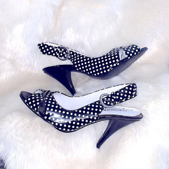👠RARE VINTAGE SLEEK PINUP Black/White PolkaDot PeepToe SlingBack Stilettos 1950 - Picture 6 of 16